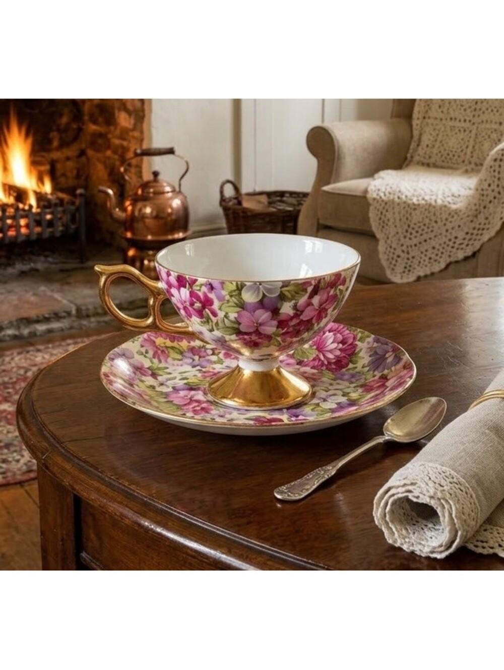 Vintage Royal Winton Summertime Chintz Teacup Saucer Set Floral Porcelain